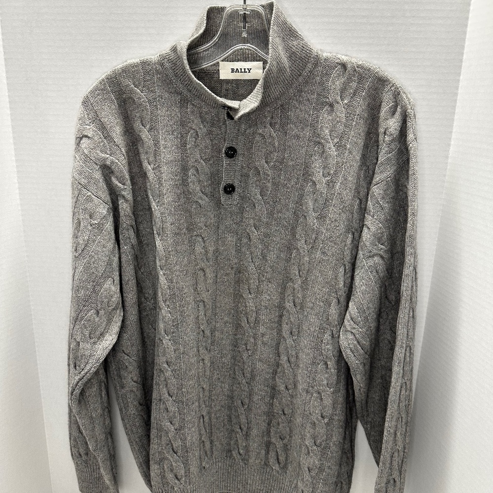 Men's Bally 100% Cashmere Cable Knit 4 Button Collar Pullover Sweater XXL